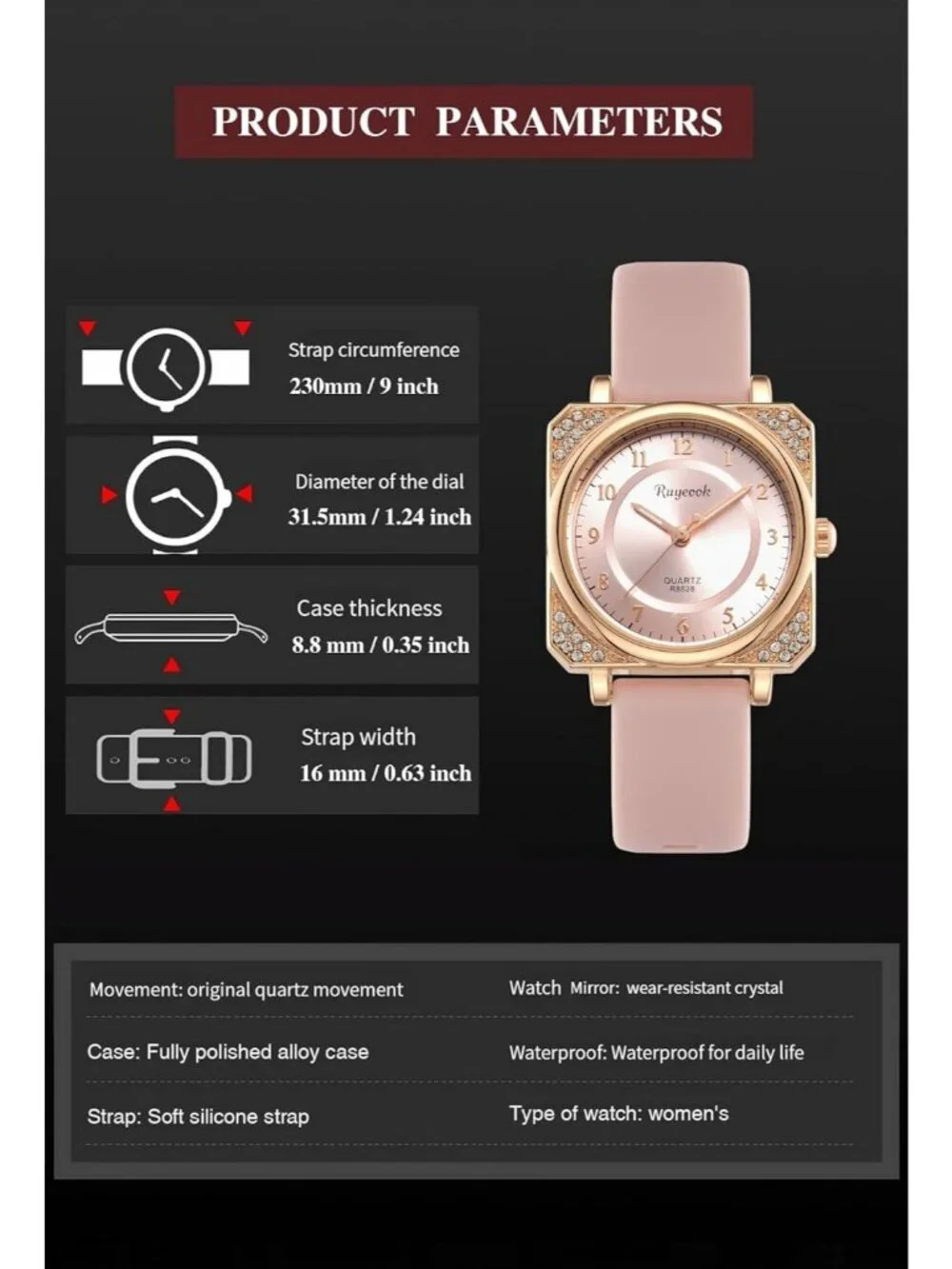 Women's Pink Analog Quartz Silicone Band Crystal Square Waterproof Wrist Watch